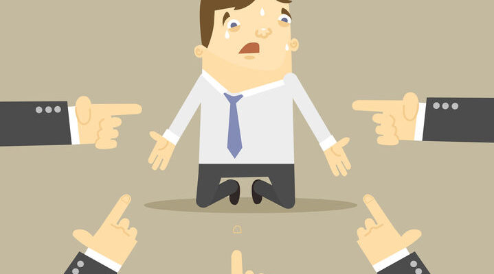46905639 - businessman with hands pointing at him. vector flat illustration