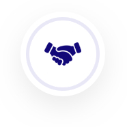 Dark blue icon of a handshake.