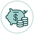 Teal icon of a piggy bank with coins.