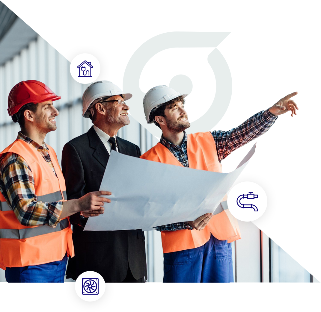 Three construction workers in hard hats and safety vests look at blueprints and point.