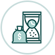 Hourglass with money bag alongside it.