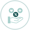 Hand holding symbols representing health, care, and percentages.
